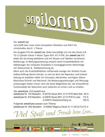 Deutz Diesel V-Motor Serie B/FL 413 F/FW 6-12 Zylinder 1980 Bild- Bedienungsanleitung & Wartungsanleitung & Bild- Ersatzteilliste & Explosionszeichnungen - annoligno 910